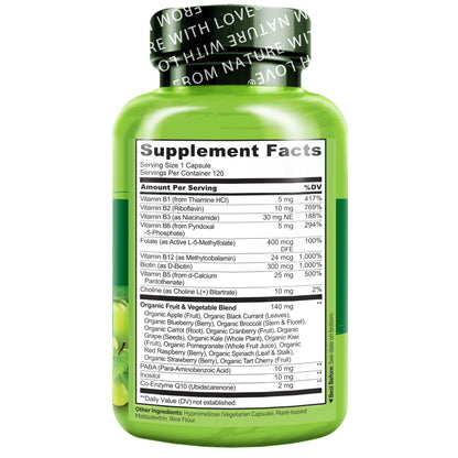 NATURELO Vitamin B Complex,120 Capsules, Vegan, CoQ10, Methyl Folate, Biotin, Fruit & Veg Blend, Supports Energy and Healthy Stress Response, Super B Complex Vitamins for Women and Men