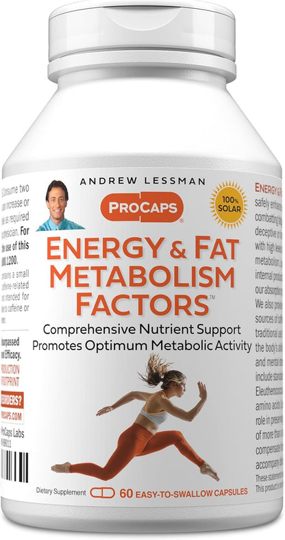 ANDREW LESSMAN Energy and Fat Metabolism Factors 60 Capsules - Promotes Optimum Fat Burning and Energy Metabolism, with Carnitine, Green Tea, Guarana, Ginseng, B-Complex. Easy to Swallow Capsules