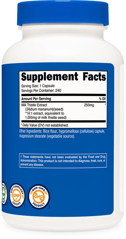 Nutricost Milk Thistle Extract 240 Capsules for 240 Servings Per Bottle - Vegan, GMO Free and Gluten Free
