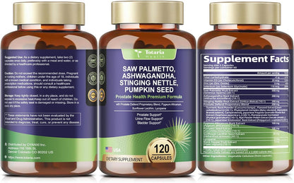 Totaria Organic Saw Palmetto with Pumpkin Seed - Prostate Health Supplements with Ashwagandha Root, Stinging Nettle, Prostate Defend Propnietary Blend, DHT Blocker for Men & Women, 120 Count