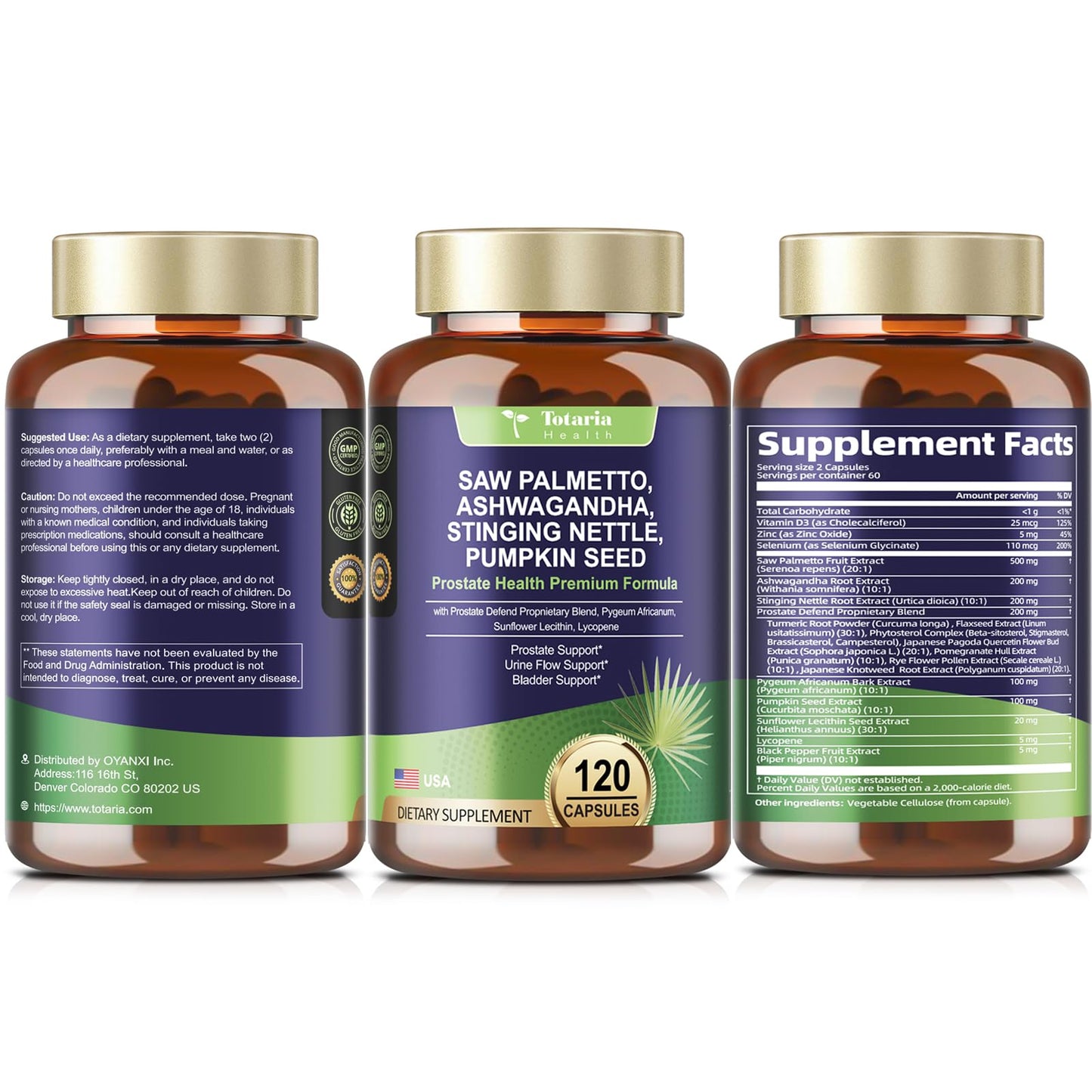Totaria Organic Saw Palmetto with Pumpkin Seed - Prostate Health Supplements with Ashwagandha Root, Stinging Nettle, Prostate Defend Propnietary Blend, DHT Blocker for Men & Women, 120 Count