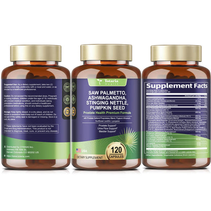Totaria Organic Saw Palmetto with Pumpkin Seed - Prostate Health Supplements with Ashwagandha Root, Stinging Nettle, Prostate Defend Propnietary Blend, DHT Blocker for Men & Women, 120 Count