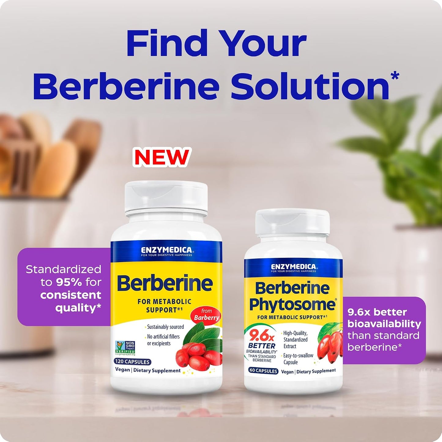 Enzymedica Berberine HCl Supplement 510 mg - Berberine Capsules for Men & Women, Natural Metabolic Health Support, Vegan, Gluten Free, Non-GMO - 120 Targeted Release Caps