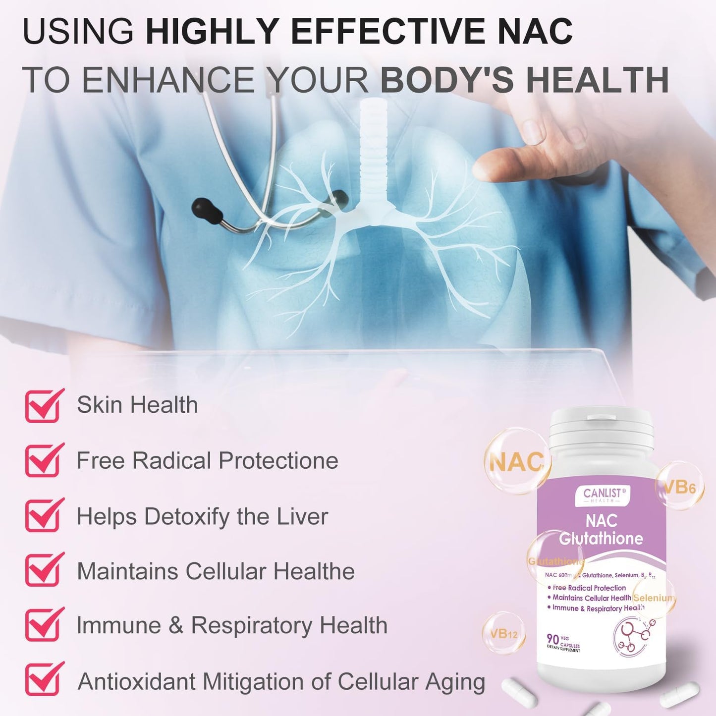 CANLIST NAC Supplement (N-Acetyl Cysteine) 600mg with Glutathione 400mg, Enhanced Absorption for Liver Health, Antioxidant Support & Detox, Non-GMO, Gluten Free, 90 Veggie Capsules