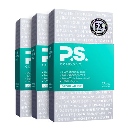 PS Condoms Exceptionally Thin Latex Condoms, Clean & Odorless, 12 Pack | Individually tested, 0.045 mm natural rubber, 40% thinner, lubricated, vegan, and free of PFAS, gluten, glycerin and parabens