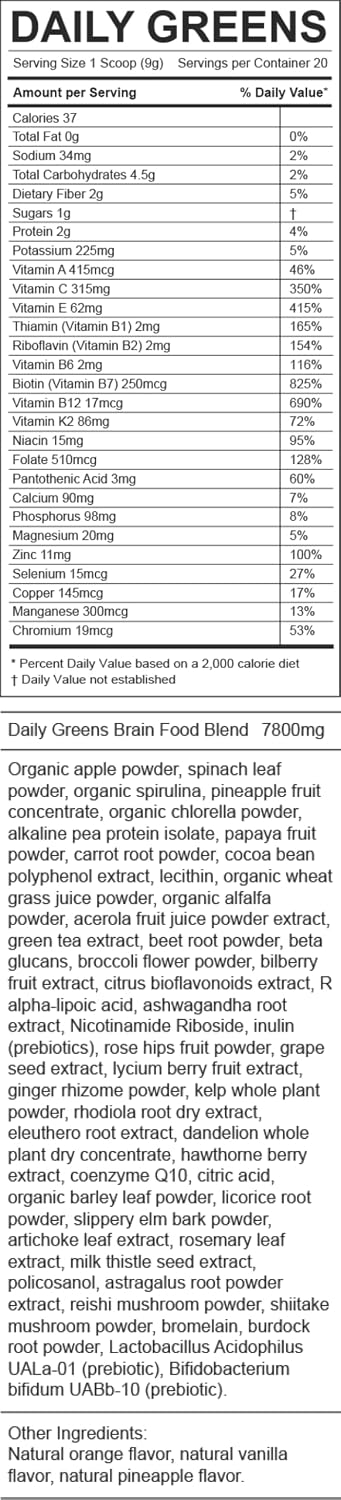 TruBrain Daily Greens: Sustained Brain Nourishment | 75 Plant-Based Ingredients, Superfoods, & Probiotics in Greens Powder | Vegan, Paleo, Keto-Friendly