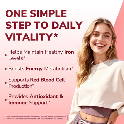 Vitalibre Iron Supplement for Women & Men, 65 mg, Ferrous Sulfate, Vitamin C, D3, B6, B12, Folate, Beet Root, Spinach, Pumpkin Seeds, Nettle, for Red Blood Cell & Energy Production, 60 Tablets