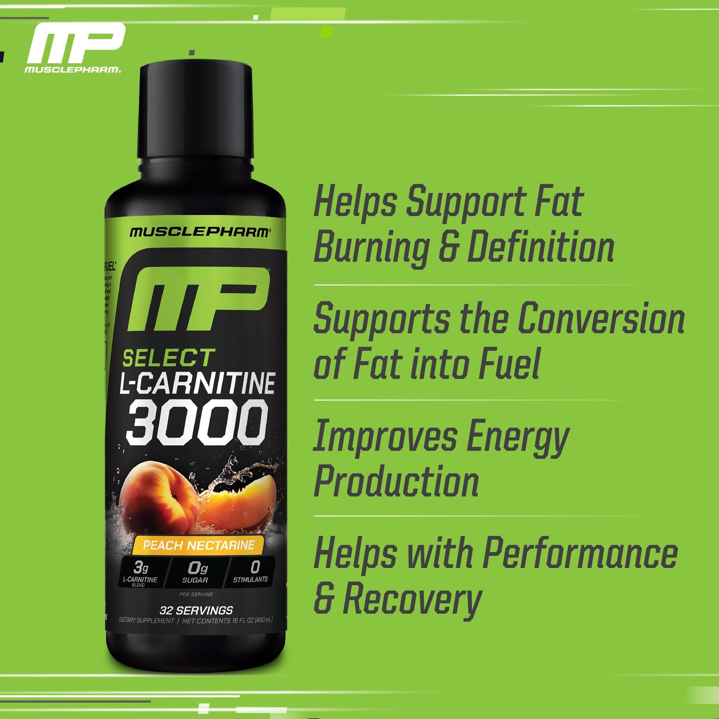 Muscle Pharm L-Carnitine 3000, The Ultimate Liquid L Carnitine Supplement for High-Performance, Supports Metabolism, Hydration & Energy, Zero Sugar, Low Calories, Sour Cherry Flavor, 32 Servings