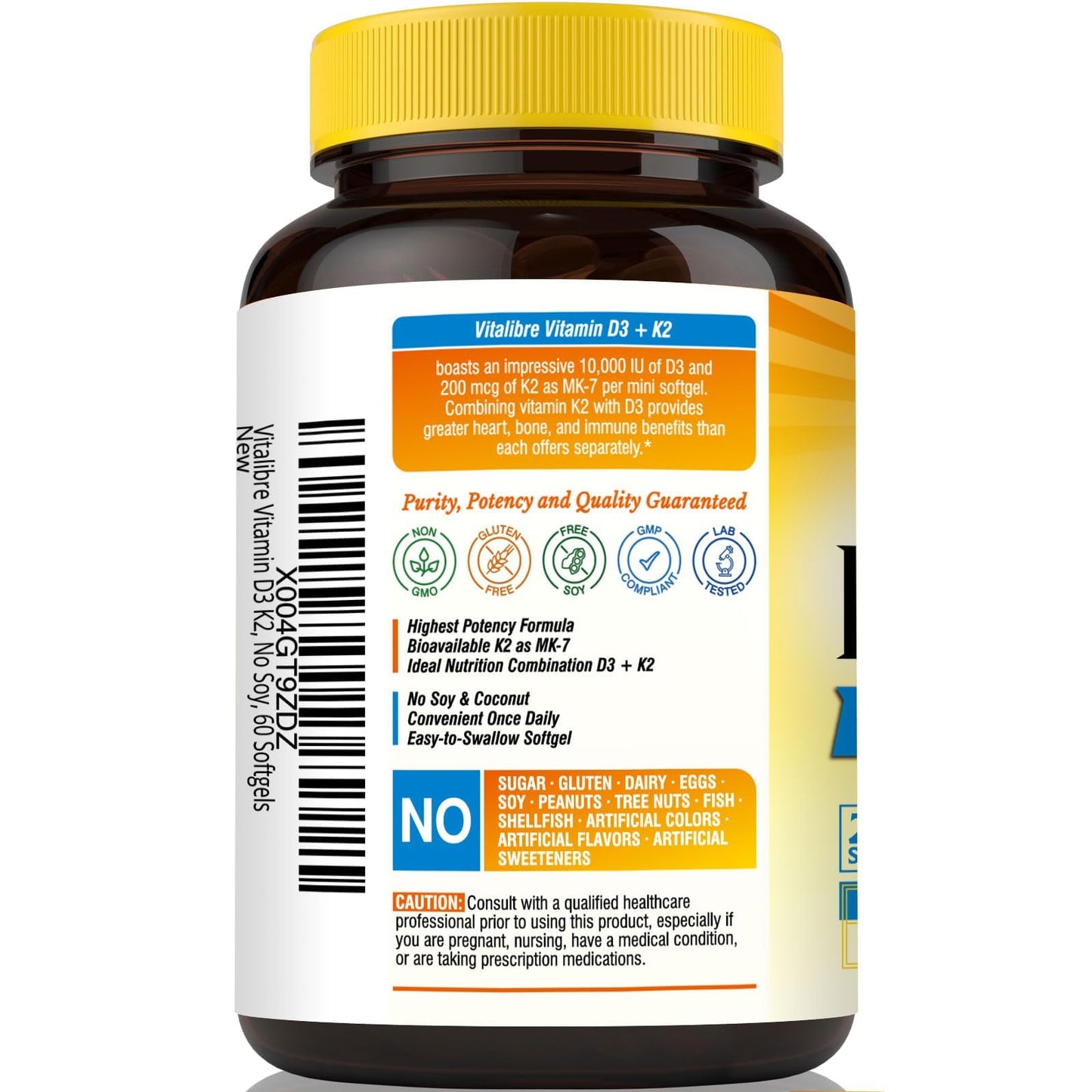 Vitalibre Vitamin D3 K2 Supplement, Vitamin D3 10000 IU & 200 mcg K2 MK7 | Enhanced Calcium Absorption, Bone, Heart, Immune & Mood Support, No Soy, Easy to Swallow, 90 Softgels