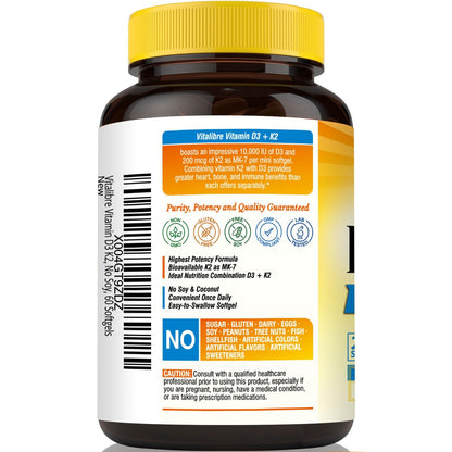 Vitalibre Vitamin D3 K2 Supplement, Vitamin D3 10000 IU & 200 mcg K2 MK7 | Enhanced Calcium Absorption, Bone, Heart, Immune & Mood Support, No Soy, Easy to Swallow, 90 Softgels