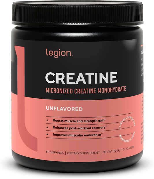 LEGION Micronized Creatine Monohydrate Supplement - Clean Creatine Powder for Muscle Gain & Post Workout Recovery - Micronized Creatine Supplement for Maximum Absorption (60 Servings, Unflavored)
