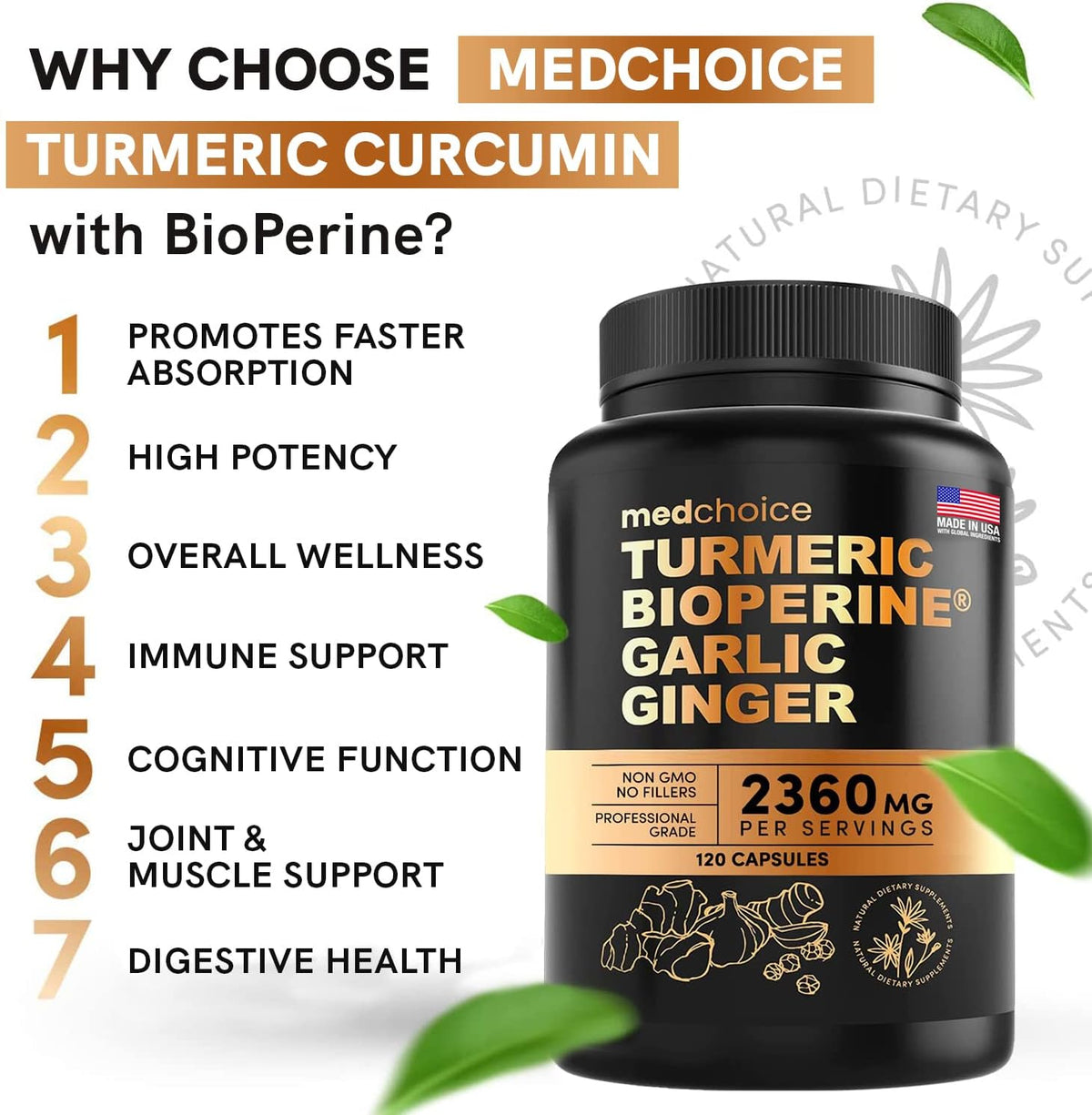 MEDCHOICE Sleep Melatonin (180ct), Turmeric & Ginger (240ct), and Nootropic Brain (120ct) Supplement Bundle - Wellness Trio for Brain, Sleep, & Immune Support - Vegan, Non-GMO, Gluten-Free