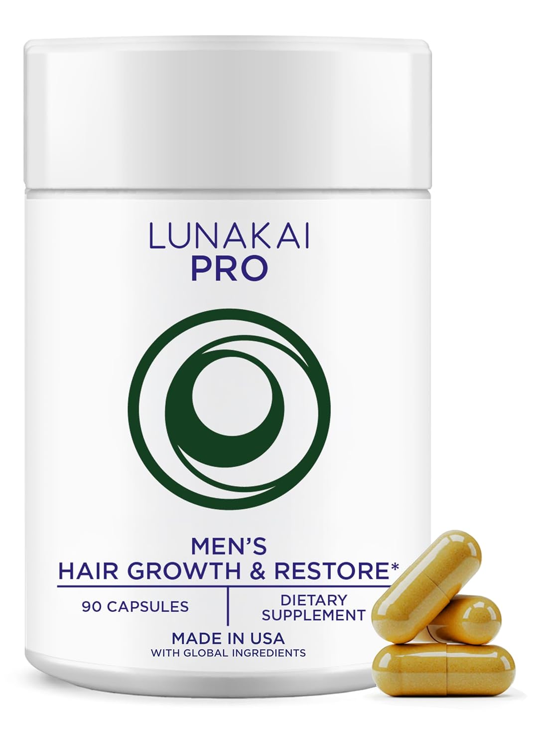 Lunakai USA Made Hair Vitamins for Men - 19 Nutrient with Marine Collagen, Saw Palmetto & Keratin - Daily Hair Loss & Regrowth Support - 90 Capsules
