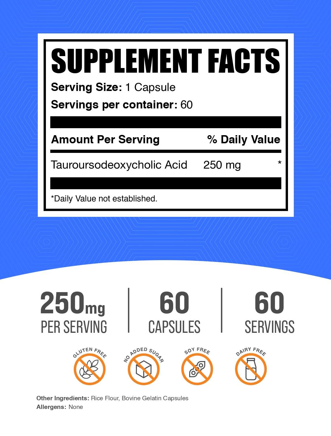 BulkSupplements.com TUDCA Capsules - TUDCA Supplement, Tauroursodeoxycholic Acid, TUDCA 250mg for Liver Support - Gluten Free, 1 Capsule per Serving, 60 Capsules (Pack of 1)