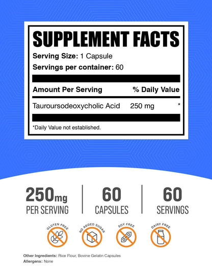 BulkSupplements.com TUDCA Capsules - TUDCA Supplement, Tauroursodeoxycholic Acid, TUDCA 250mg for Liver Support - Gluten Free, 1 Capsule per Serving, 60 Capsules (Pack of 1)