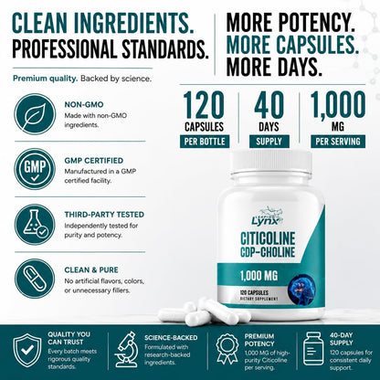 Leaping Lynx Citicoline 1000 mg (CDP Choline) Capsules – 120 Count – CDP Choline Supplement for Brain, Focus & Memory Support – Nootropic Choline Supplement – Non-GMO, ISO-Certified