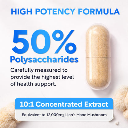USDA Organic Lion's Mane, 50% Polysaccharides, 120ct | Focus | Brain Health