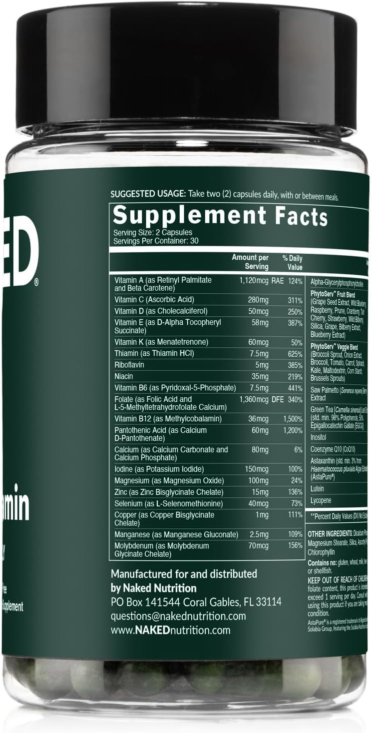 NAKED Men’s Multi – Daily Multivitamin for Men – A, C, E, Selenium, Zinc, Fruit and Super Green Extracts and More to Boost Immune Support – Gluten-Free and Vegetarian Daily Vitamins – 60 Capsules