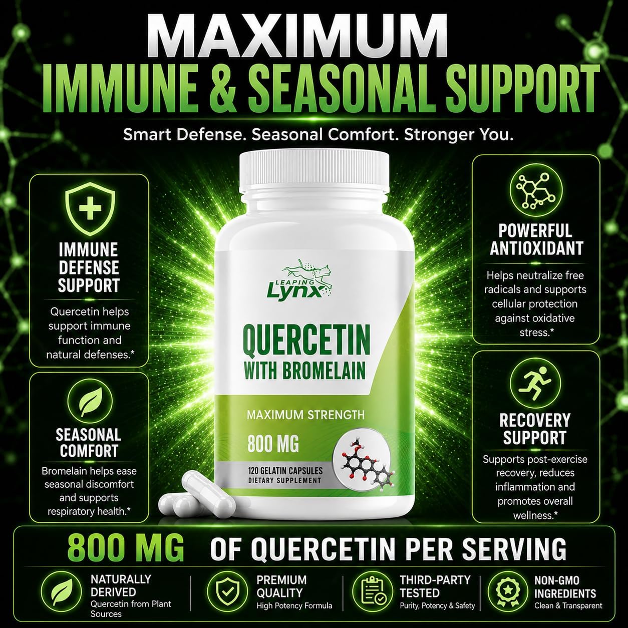 Leaping Lynx Quercetin with Bromelain – 800mg Quercetin + 165mg Bromelain | 120 Capsules (60-Day Supply) | Immune, Respiratory, and Seasonal Allergy Support | Antioxidant & Recovery Complex | Non-GMO