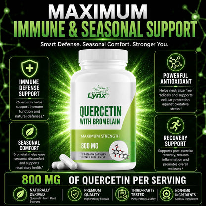 Leaping Lynx Quercetin with Bromelain – 800mg Quercetin + 165mg Bromelain | 120 Capsules (60-Day Supply) | Immune, Respiratory, and Seasonal Allergy Support | Antioxidant & Recovery Complex | Non-GMO