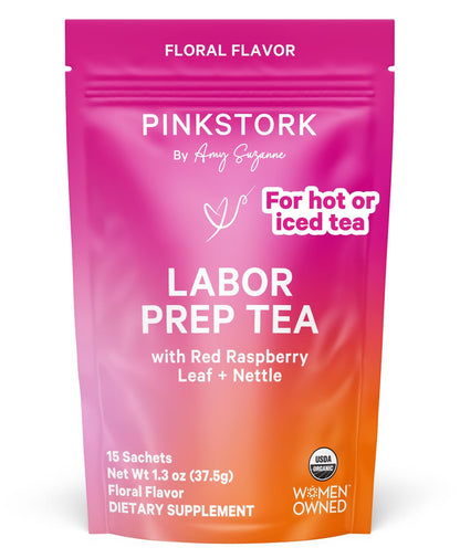 Pink Stork Organic Labor Prep Tea, Sweet Floral Flavor, 30 Cups | Red Raspberry Leadf, Chamomile + Rosehip, Caffeine-Free, Third Trimester Pregnancy, 15 Sachets