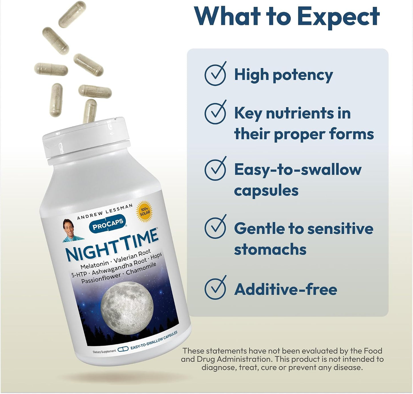 Andrew Lessman ProCaps Night Time Sleep Support 3mg Melatonin 60 Capsules | 3mg Melatonin with 5-HTP, Ashwagandha & five calming botanicals. Designed for restful sleep without morning grogginess.