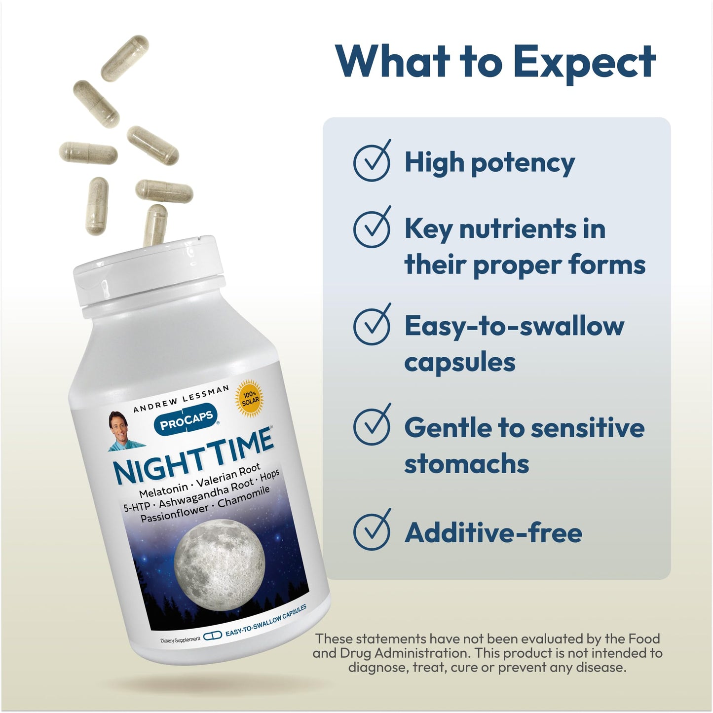 Andrew Lessman ProCaps Night Time Sleep Support 3mg Melatonin 60 Capsules | 3mg Melatonin with 5-HTP, Ashwagandha & five calming botanicals. Designed for restful sleep without morning grogginess.