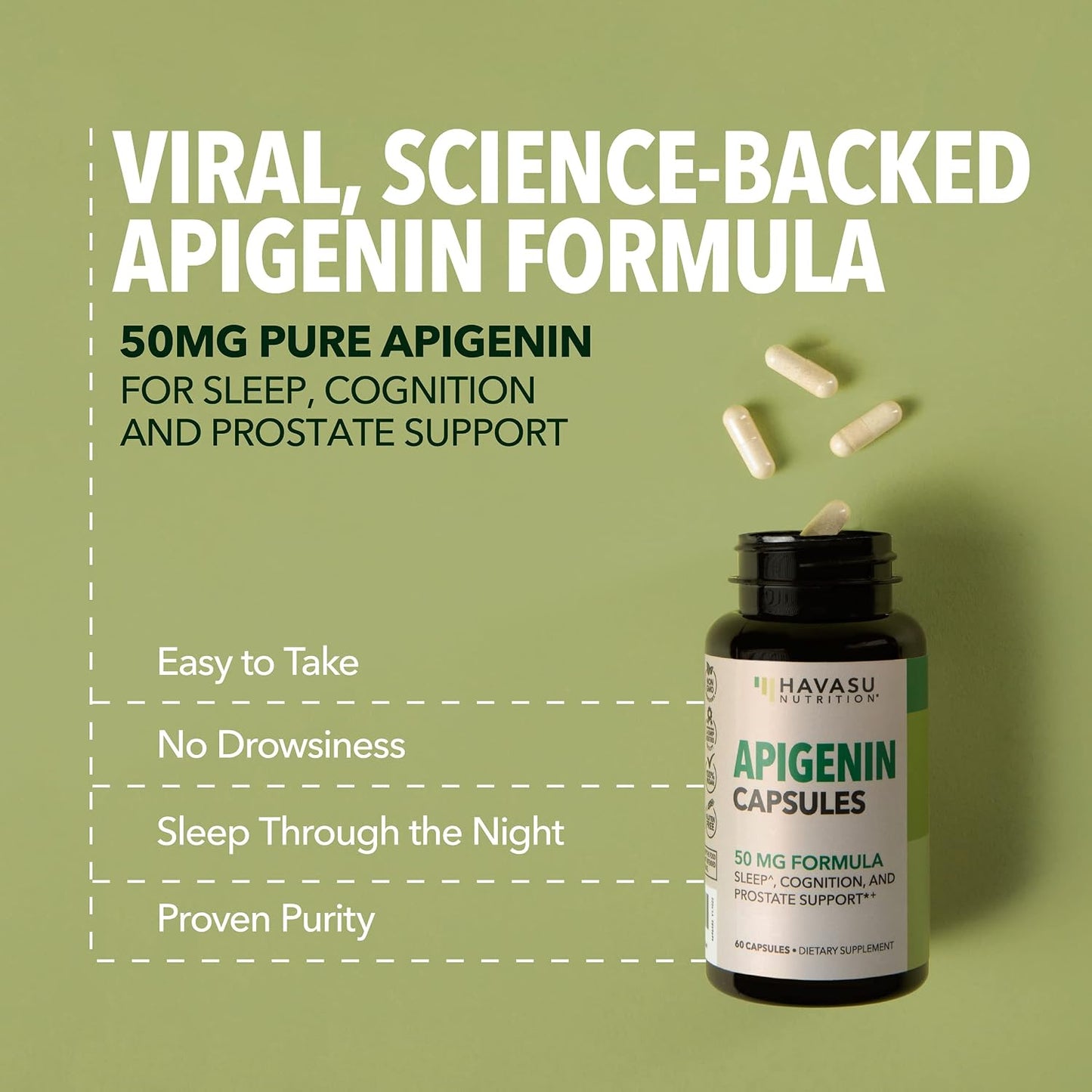 Apigenin Capsules 50mg, 60 Count, Sleep & Cognitive Support Supplement | Melatonin-Free Sleep Support, Chamomile Flavonoid for Relaxation & Cognitive Function, Vegan, Non-GMO, 2-Month Supply