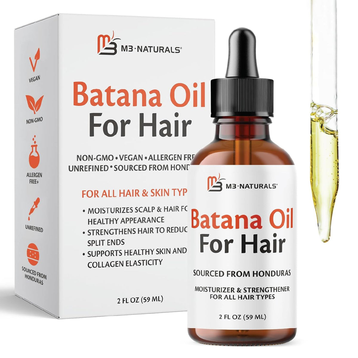 M3 Naturals Vegan Batana Oil | Unrefined Batana Oil for Hair & Skin | Supports Healthy Skin & Collagen Production | 100% Pure Batana & Non-GMO | 2 FL OZ (59 ML)