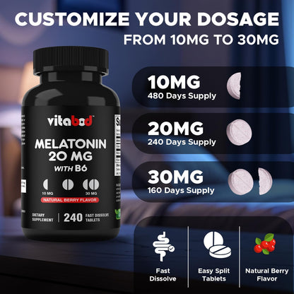 Vitabod Melatonin 20 mg Fast Dissolve Tablets with Vitamin B6, 240 Ct | Natural Berry Flavor, Sleep Support*, Non-GMO, Gluten Free, Made in USA