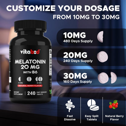 Vitabod Melatonin 20 mg Fast Dissolve Tablets with Vitamin B6, 240 Ct | Natural Berry Flavor, Sleep Support*, Non-GMO, Gluten Free, Made in USA