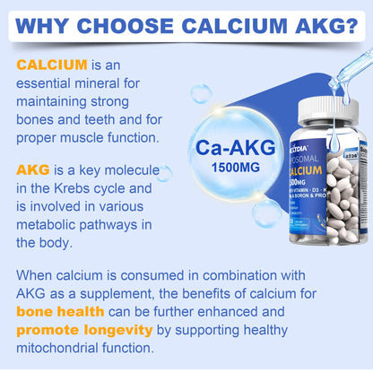 Liposomal Calcium AKG Supplement 1500mg with Vitamin D3 & K2 Softgels for Women & Men│ High Absorption│Calcium Supplements with Magnesium Glycinate, Boron, Probiotics & Vitamin C for Bone - 120 Pills