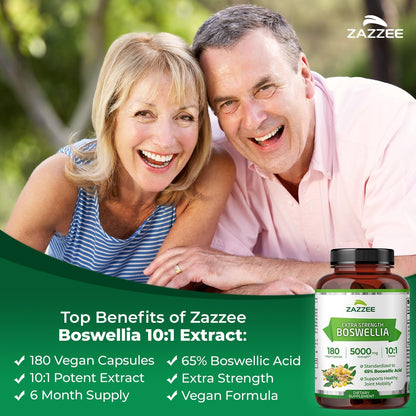 Zazzee Extra Strength Boswellia 10:1 Extract, 65% Boswellic Acid, 180 Vegan Capsules, 6 Month Supply, Boswellia Serrata, Joint Comfort, Mobility & Flexibility Support, Non-GMO, Made in the USA