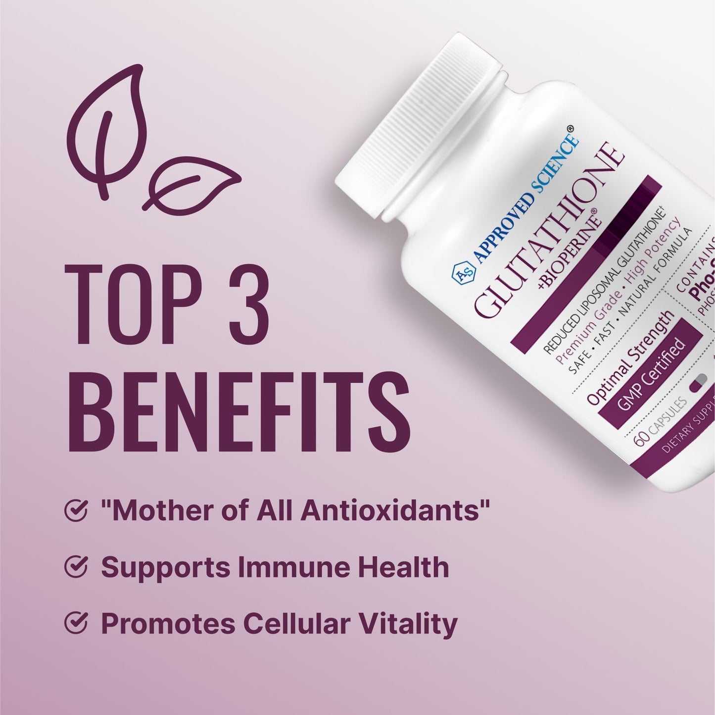 Approved Science® Glutathione - Glutathione 500 mg - Phospholipid Complex, Vitamin C, Bioperine - Top Antioxidant to Help Neutralize Free Radical - Vegan Friendly - 60 Capsules - 1 Bottle