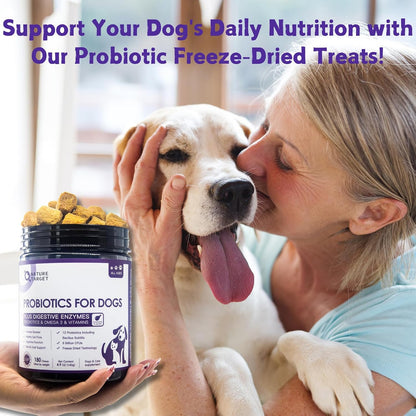 NATURE TARGET Probiotics for Dogs, 6 Billion CFUs, Freeze Dried, 180 Chews | 12 Strains with Prebiotics & Digestive Enzymes, Diarrhea & Gas Relief, Supports Immune & Gut, Allergy Relief, Chicken Flavor