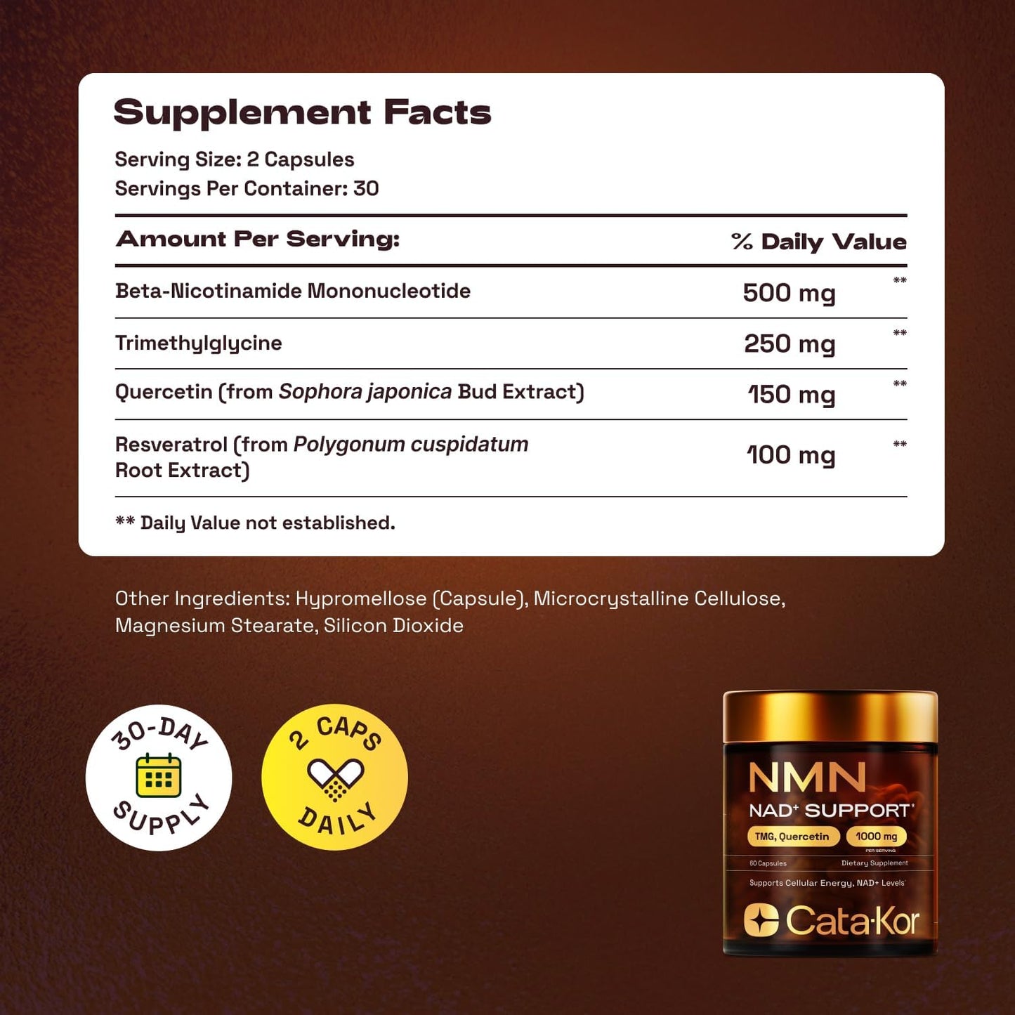 Cata-Kor NMN Supplement 1000mg & Calcium AKG Complex - NAD+ Supporing Supplement with TMG, Quercetin & MSM, Hyaluronic Acid & Biotin Collagen Support Beauty Complex