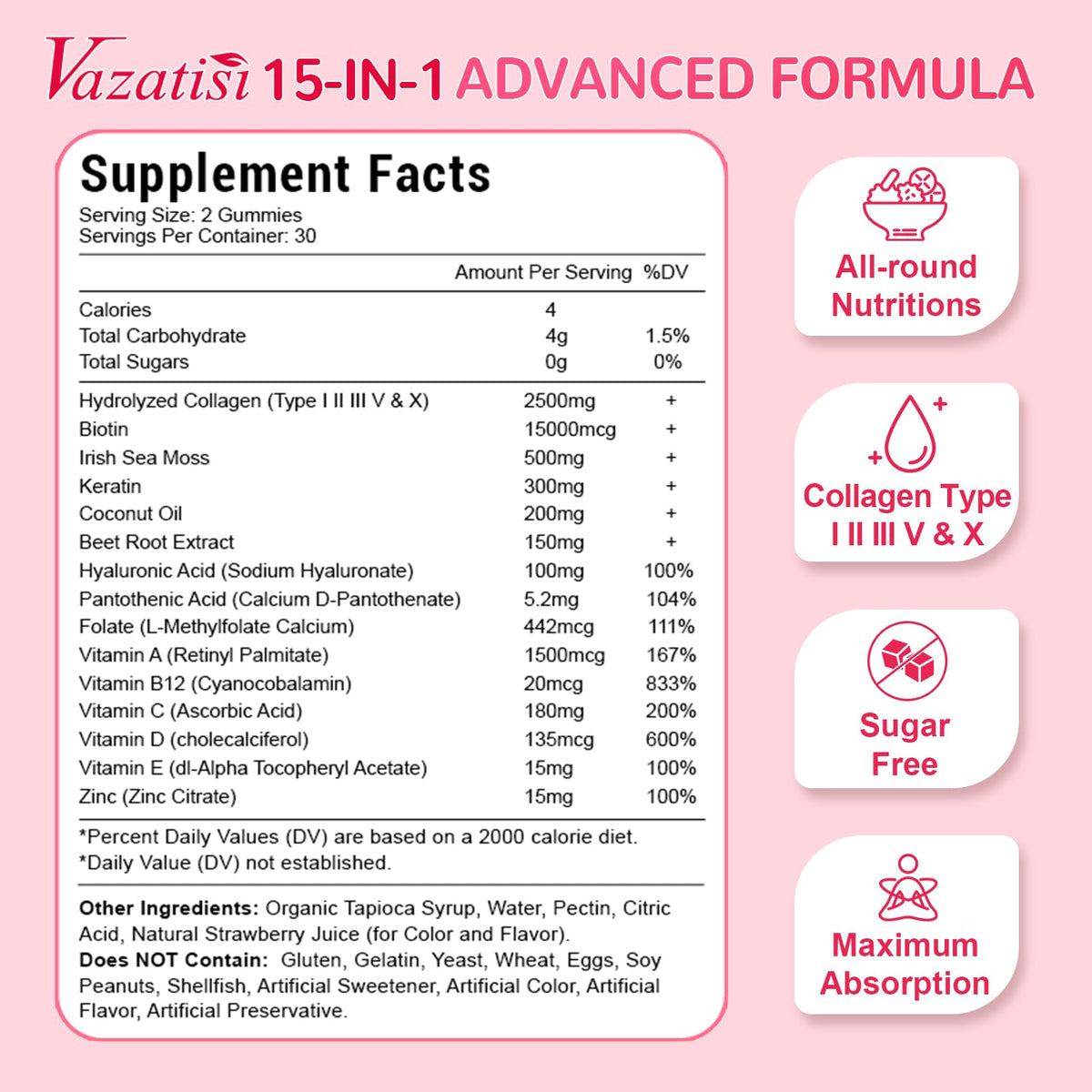 Sugar Free Collagen Gummies for Women Men, 2500mg Collagen with Biotin Sea Moss wberry Flavored Supplement