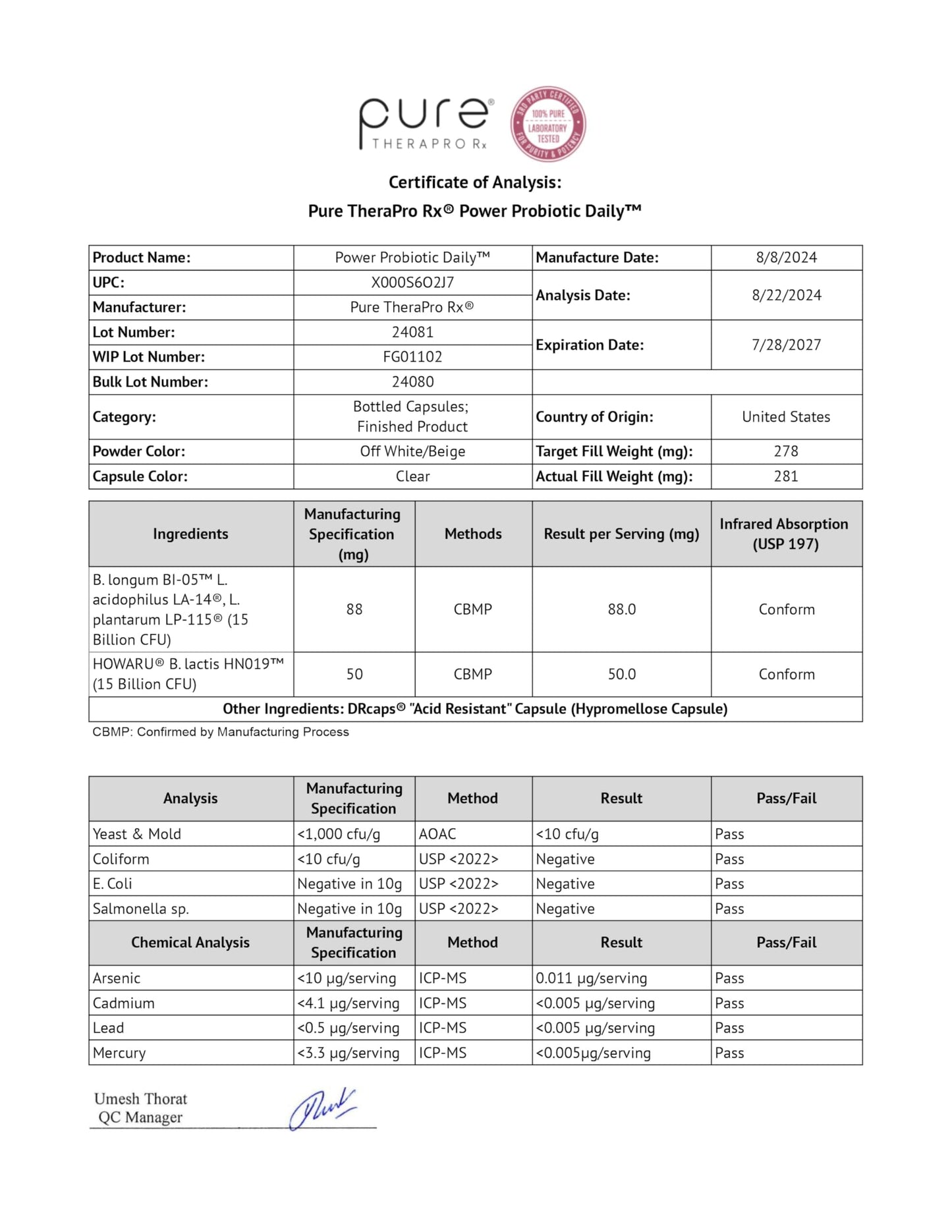 Pure Therapro Rx Power Probiotic Daily - 30 Acid-Resistant Capsules | 4 Proven Strains - 30 Billion CFU/Capsule | Patented Activ-Vial Desiccant Bottle to Ensure Freshness | NO Refrigeration Required