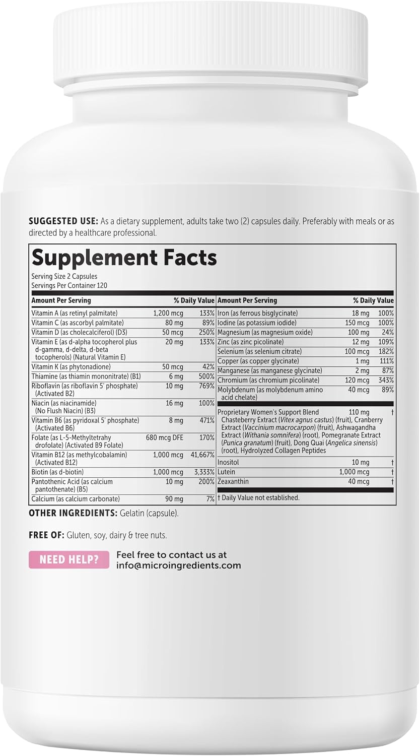 Micro Ingredients Pure Methylated Multivitamin for Women, 240 Capsules | 32-in-1 Formula with Vitamin B, C, D + Iron, Methylfolate & More | Supports Women 's Daily Wellness | Filler Free, Non-GMO
