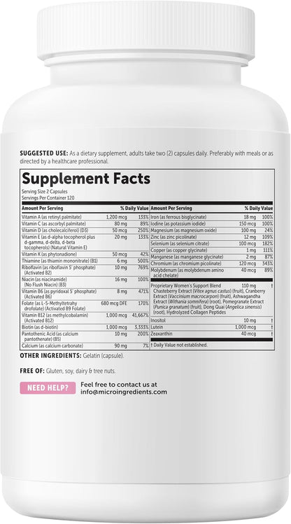 Micro Ingredients Pure Methylated Multivitamin for Women, 240 Capsules | 32-in-1 Formula with Vitamin B, C, D + Iron, Methylfolate & More | Supports Women 's Daily Wellness | Filler Free, Non-GMO