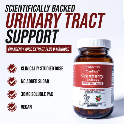 CranEaze®: Cranberry Juice Extract Plus D-Mannose – 36 mg PAC, 100% Soluble PAC - Supports Urinary Tract Health – Most Effective Cranberry Pills for Women, UTI Cranberry Supplement - 60 Capsules