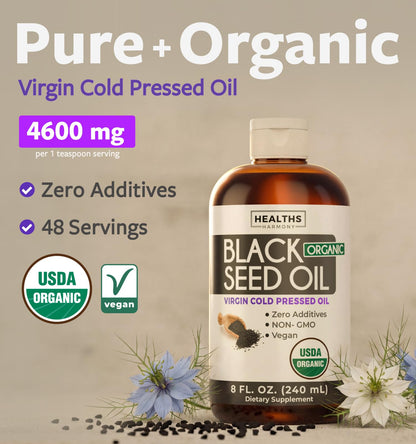 USDA Organic Black Cumin Seed Oil Liquid (8 fl oz) Premium Cold-Pressed Nigella Sativa Producing Pure - Antioxidant Supplement - Vegan, Gluten-Free, & Non-GMO (No Pills or Capsules)