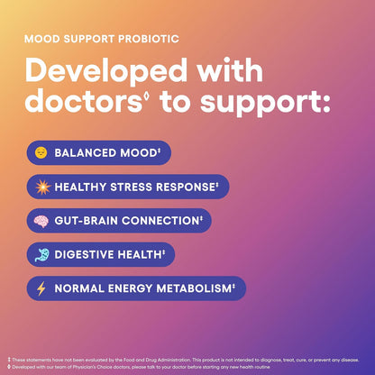 Physician's CHOICE Mood Support Probiotic - Supports a Balanced Mood, Healthy Stress Response & Digestive Health with Prebiotics, Ashwagandha, Vitamin B12, Folate - for Men & Women - 30ct