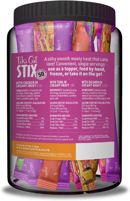 Tiki Cat Stix Mousse Treats, Single Serve Indulgent Lickable Treat or Dry Food Topper, Variety Mega Jar, 0.5 oz. Servings (50 Count)