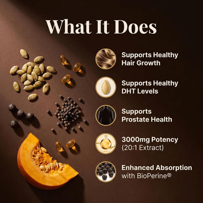 Pumpkin Seed Oil with Saw Palmetto, Beta-Sitosterol, Zinc & BioPerine® – 180 Vegan Softgels | Prostate & Hair Growth Support | DHT Blocker | Urinary & Bladder Health | Cold-Pressed