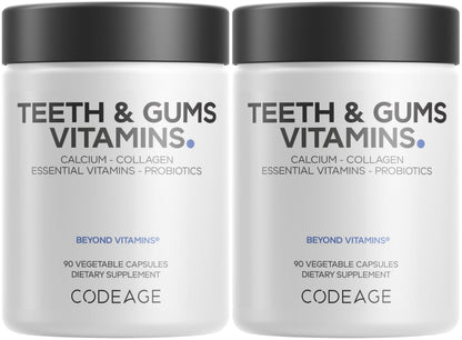 Codeage Teeth & Gums Vitamins + Oral Probiotics Supplement for Mouth - Whole Food Calcium, Collagen, Potassium, Vitamin C, D3, K2, Zinc – Oral Care & Dental Multivitamin Supplements - 90 Capsules