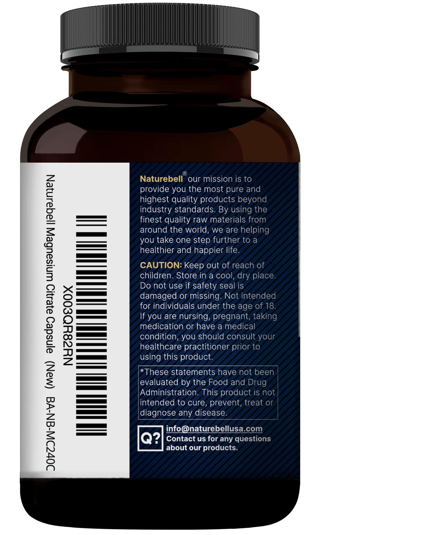 NatureBell Pure Magnesium Citrate 500mg per 3 Capsules Serving Size, 240 Capsules per Bottle | High-Purity Elemental Form | Non-GMO, Gluten-Free