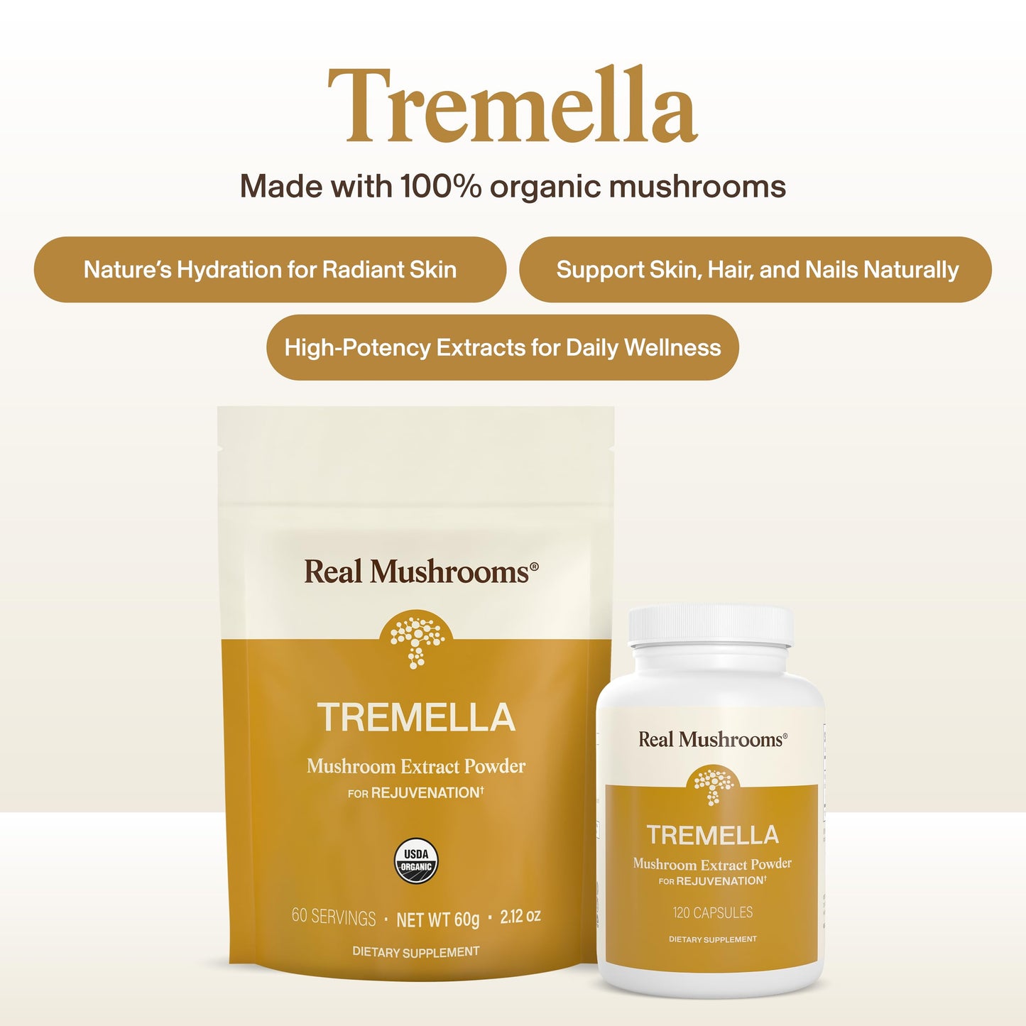 Real Mushrooms Tremella Mushroom Extract 120 ct Blend for Daily Wellness Routine - Vegan, Non-GMO, Organic Supplements Humans Support Supplement