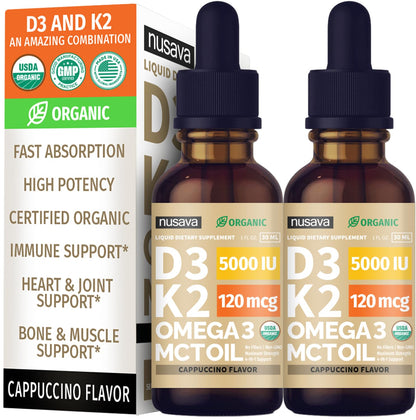 (2 Pack) Organic Vitamin D3 K2 Drops with MCT Oil & Omega 3 - Liquid Vitamin D3 5000 IU - K2 D3 Vitamin Supplement - Vitamin D Drops for Women & Men - No Fillers, Non-GMO, GMP, Unflavored (2 Fl Oz)