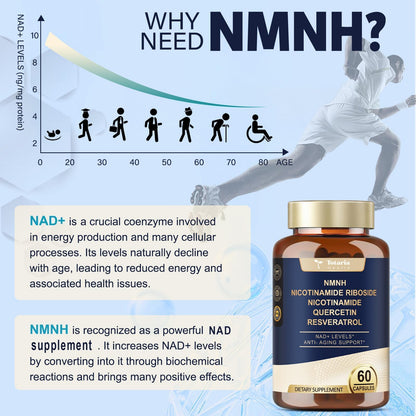 Totaria NMNH 500mg (Dihydronicotinamide Mononucleotide), Premium NMN Alternative Supplement w/Niacinamide (Vitamin B3), Quercetin, Trans-Resveratrol, for NAD+, Skin Cell, Anti-Aging & Energy, 120 Ct
